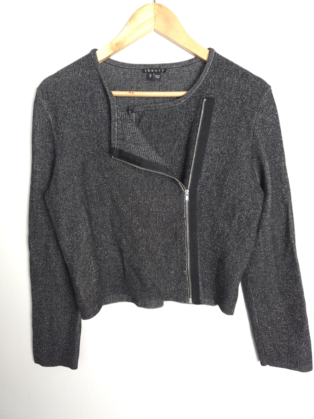 Theory Lioralee Prosecco Cropped Moto Knit Jacket Asymmetric Zip Gray M